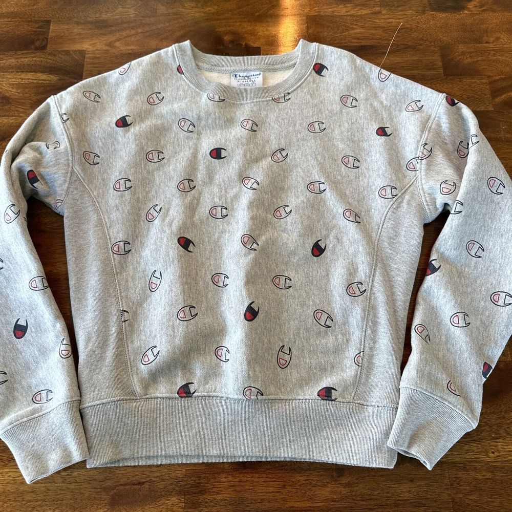 Champion Reverse Weave All Over Logo Print Size Small Sweatshirt Hoodie Gray